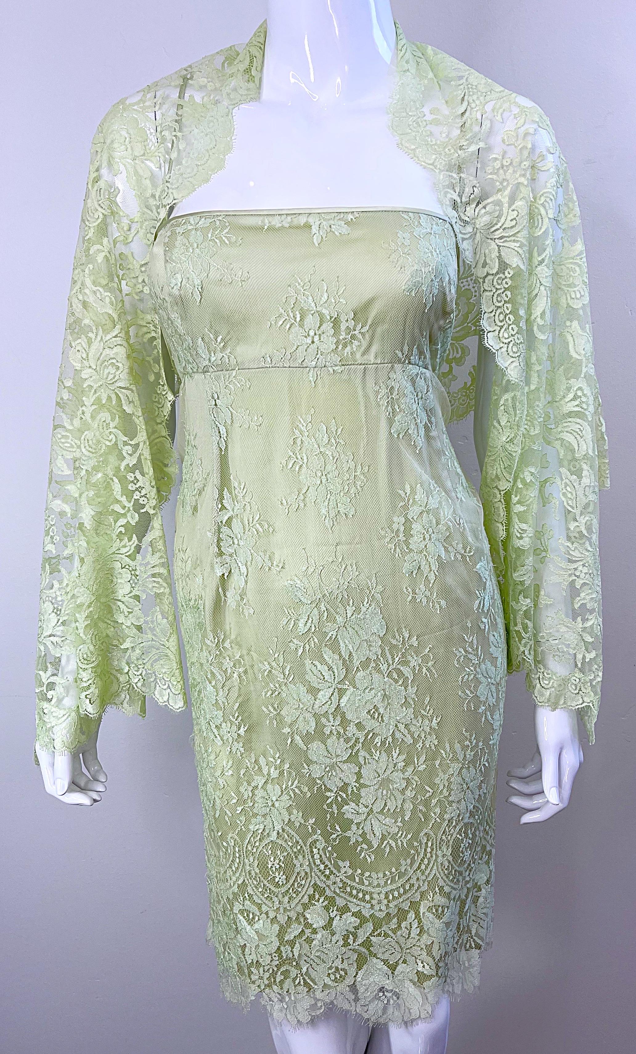Escada 1990s Size 8 Mint Green Silk Lace Vintage Dress + Shawl Ensemble 90s For Sale 9