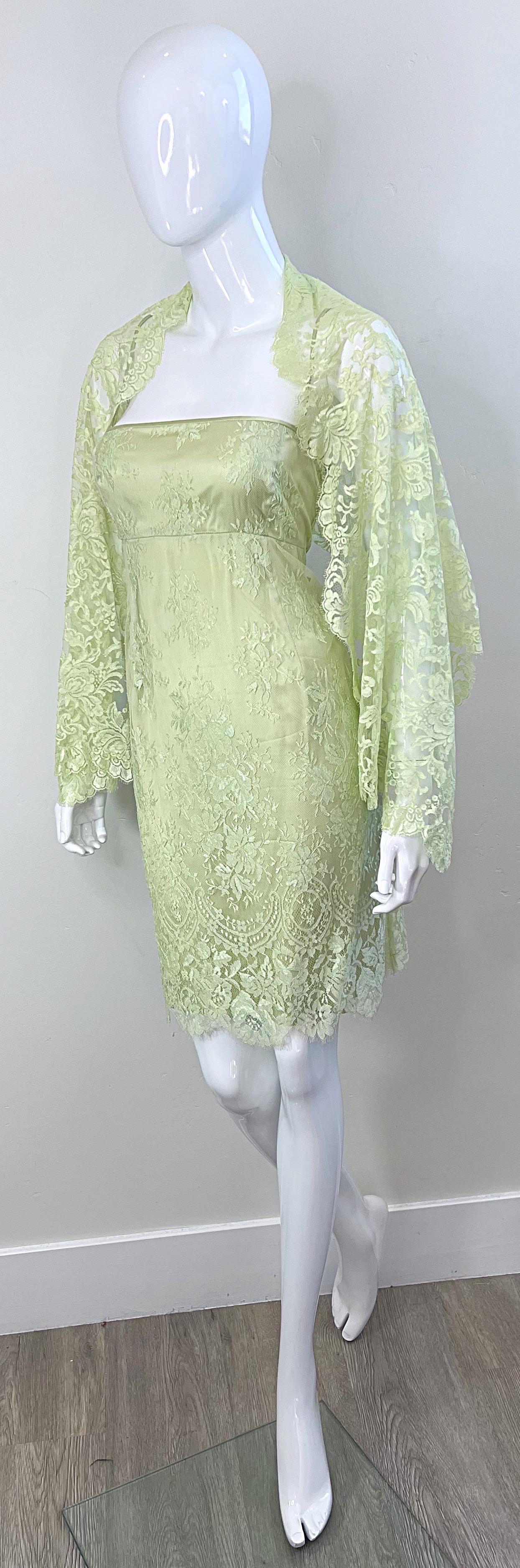 Escada 1990s Size 8 Mint Green Silk Lace Vintage Dress + Shawl Ensemble 90s For Sale 10