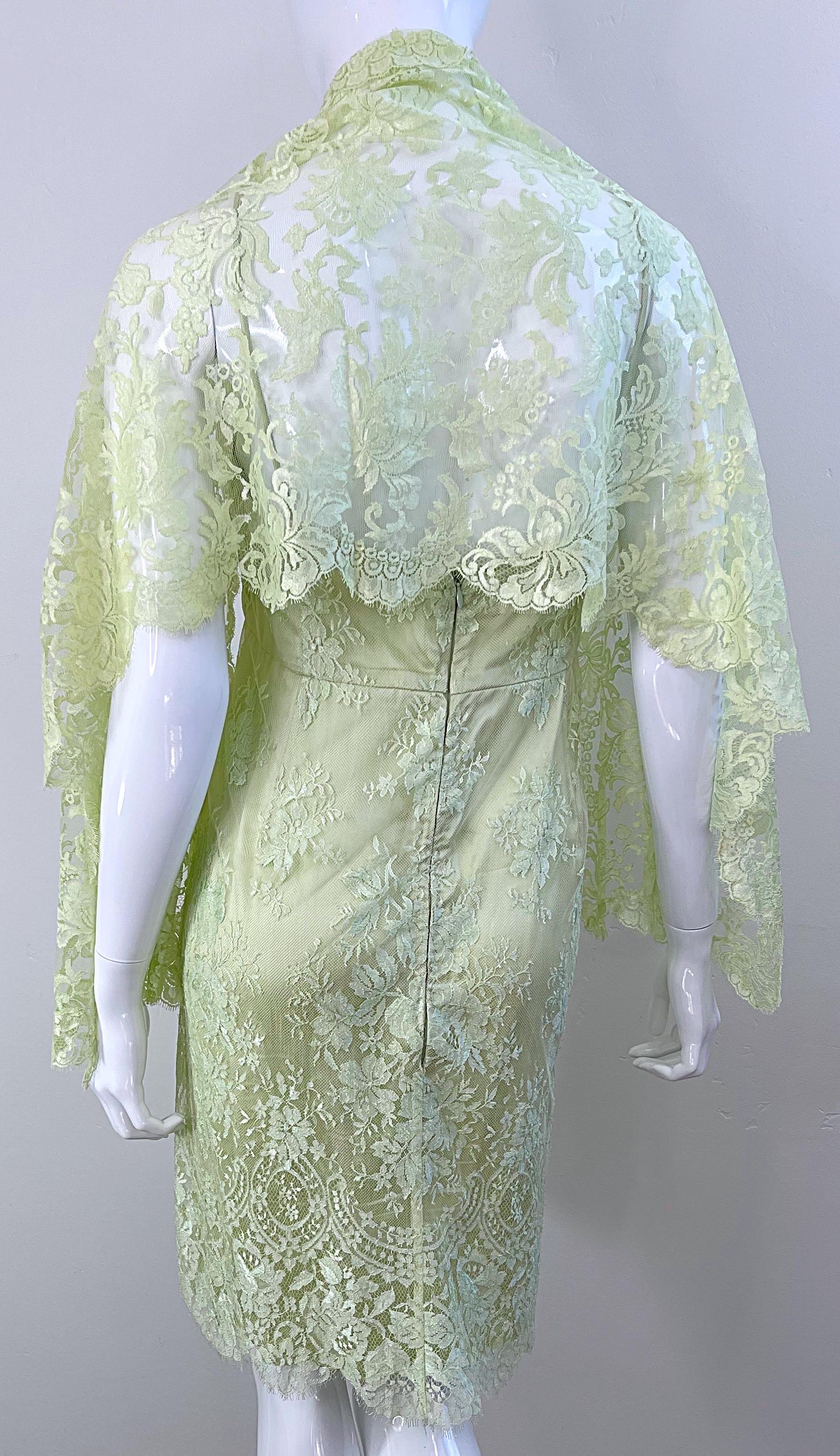 Escada 1990s Size 8 Mint Green Silk Lace Vintage Dress + Shawl Ensemble 90s For Sale 11