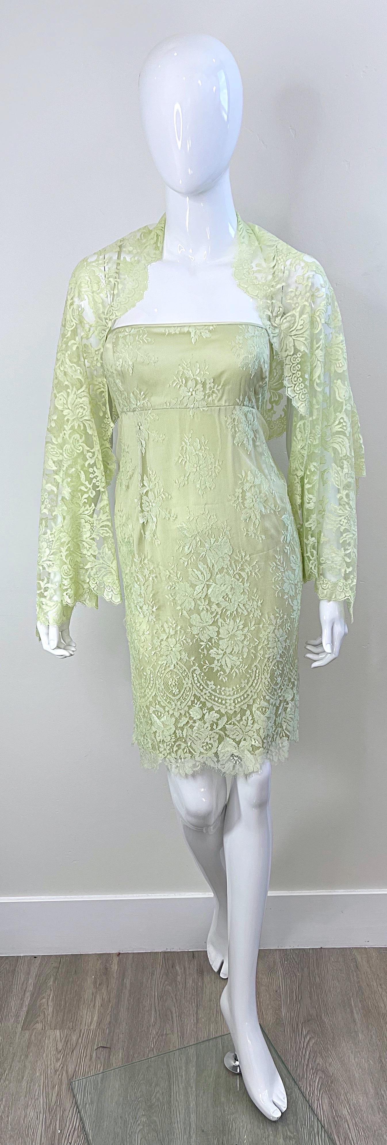 Escada 1990s Size 8 Mint Green Silk Lace Vintage Dress + Shawl Ensemble 90s For Sale 15