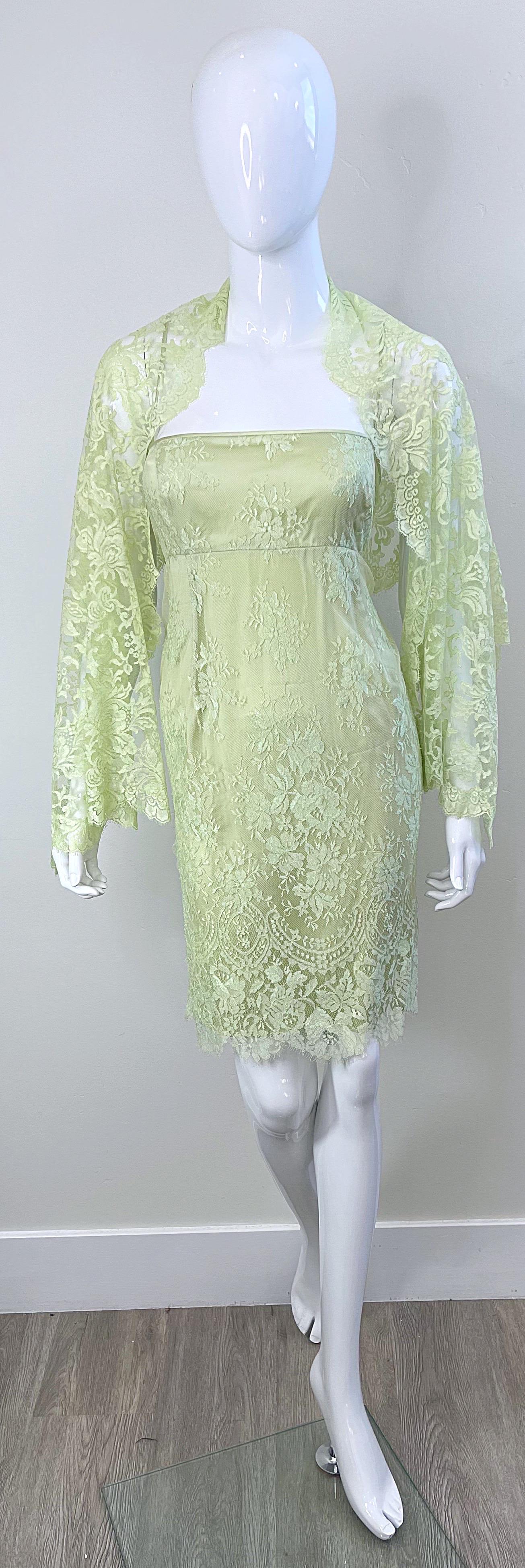 Gray Escada 1990s Size 8 Mint Green Silk Lace Vintage Dress + Shawl Ensemble 90s For Sale