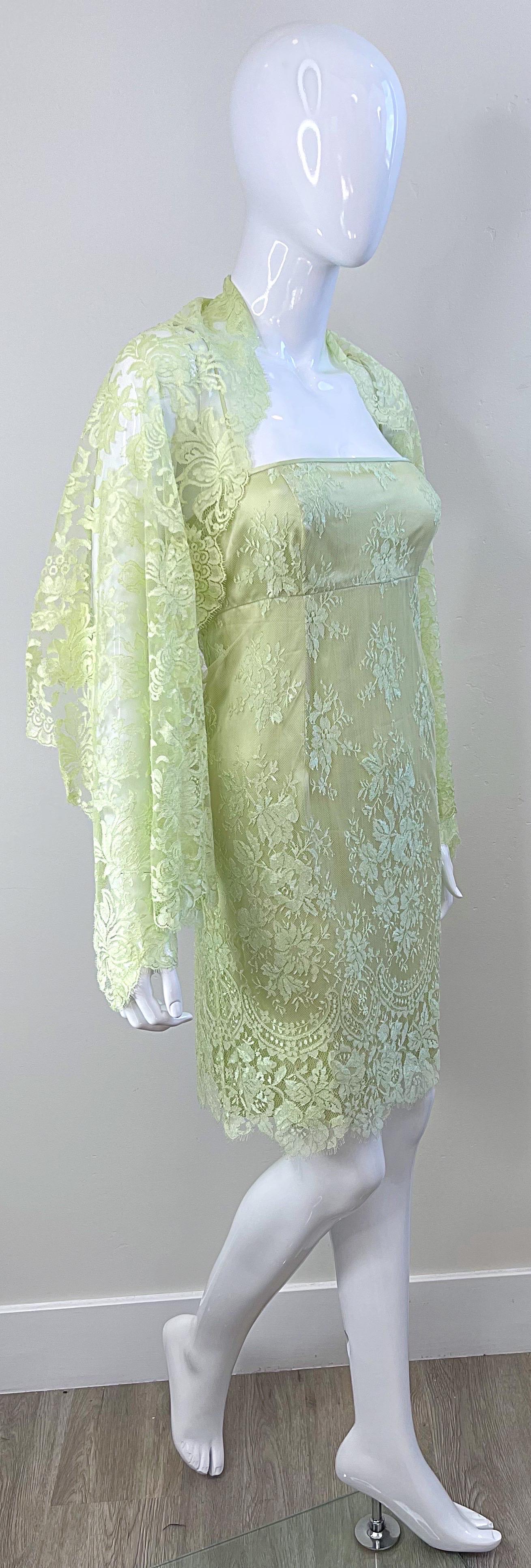 Women's Escada 1990s Size 8 Mint Green Silk Lace Vintage Dress + Shawl Ensemble 90s For Sale
