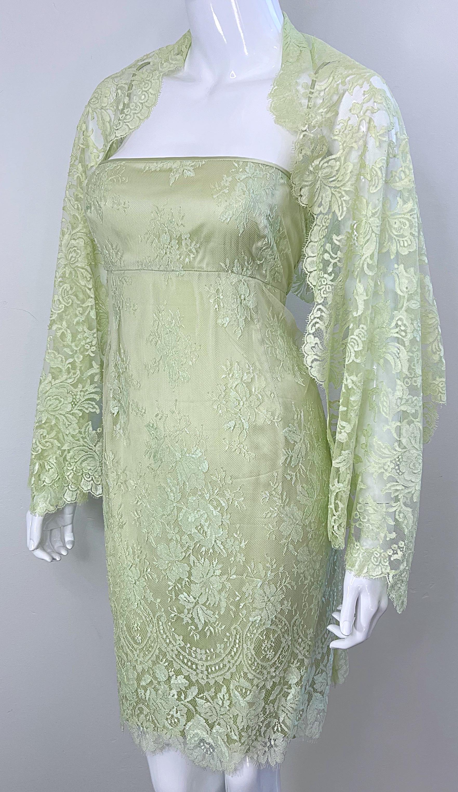Escada 1990s Size 8 Mint Green Silk Lace Vintage Dress + Shawl Ensemble 90s For Sale 2