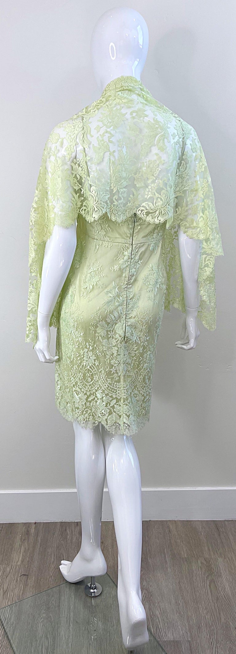 Escada 1990s Size 8 Mint Green Silk Lace Vintage Dress + Shawl Ensemble 90s