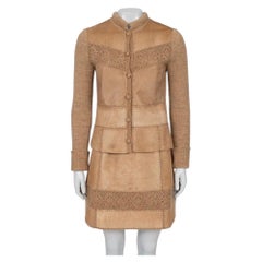 Escada 1990s Vintage Brown Suit Set with Leather Trim Size EU 36/S