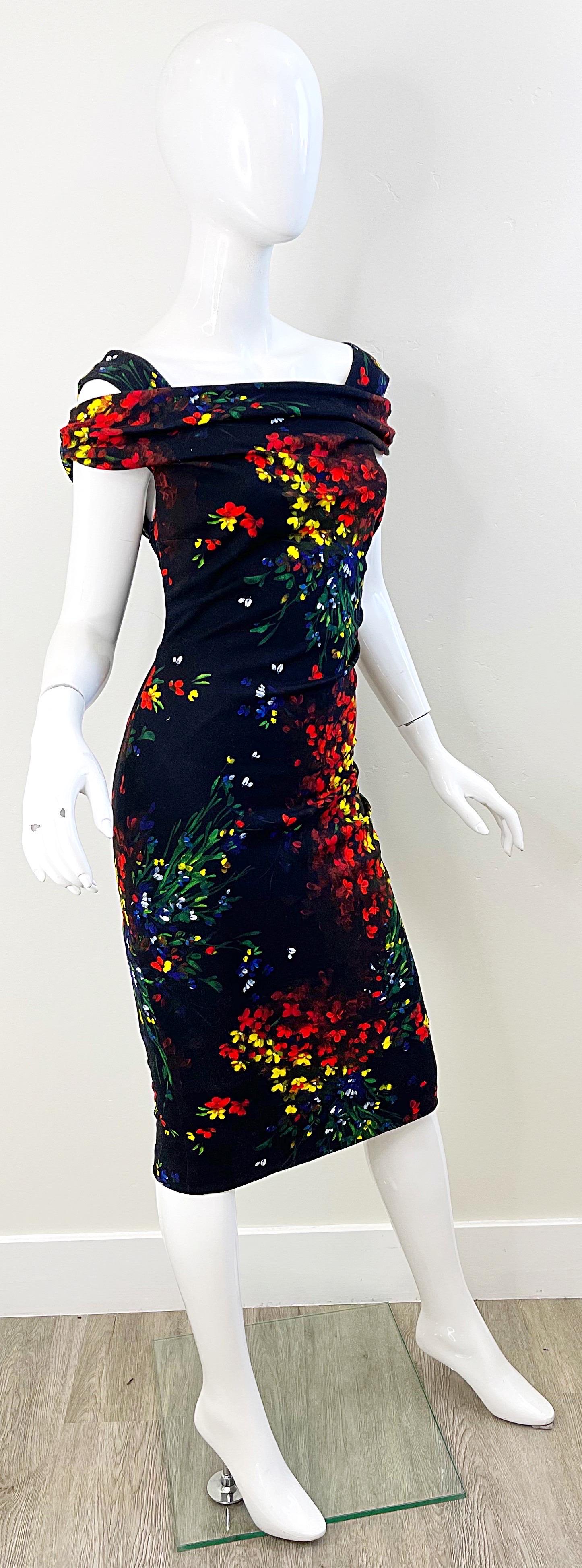 Escada 2000s Size 38 / 8 Black Colorful Flower Watercolor Cold Shoulder Dress For Sale 7