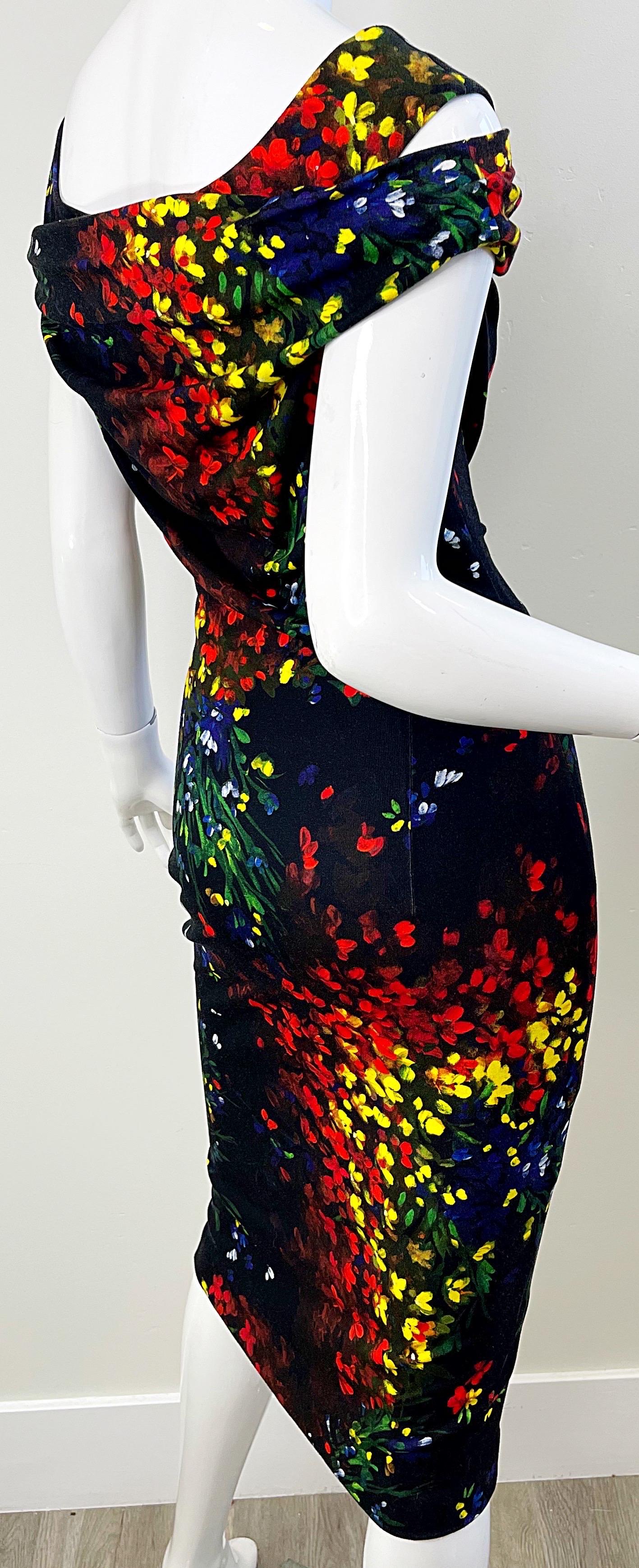 Escada 2000s Size 38 / 8 Black Colorful Flower Watercolor Cold Shoulder Dress For Sale 8