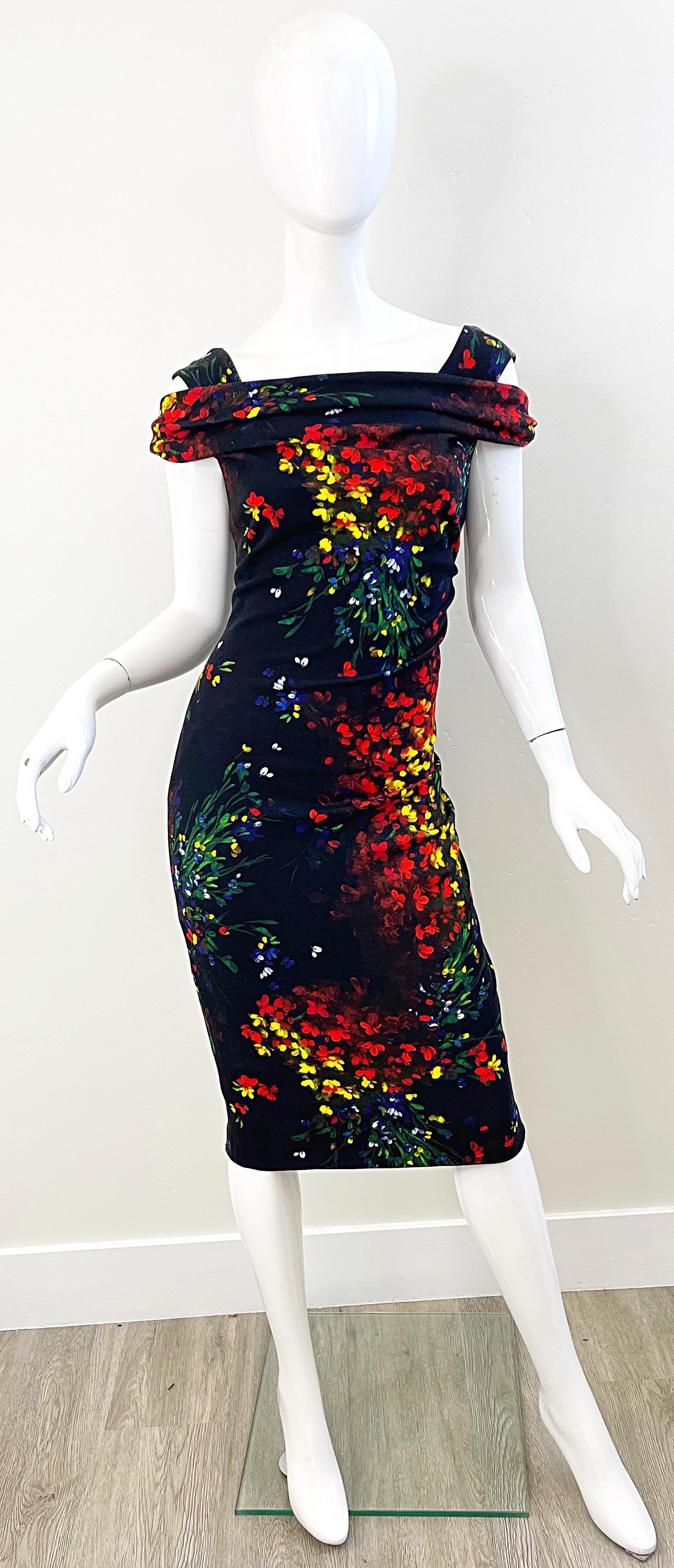 Escada 2000s Size 38 / 8 Black Colorful Flower Watercolor Cold Shoulder Dress In Excellent Condition For Sale In San Diego, CA