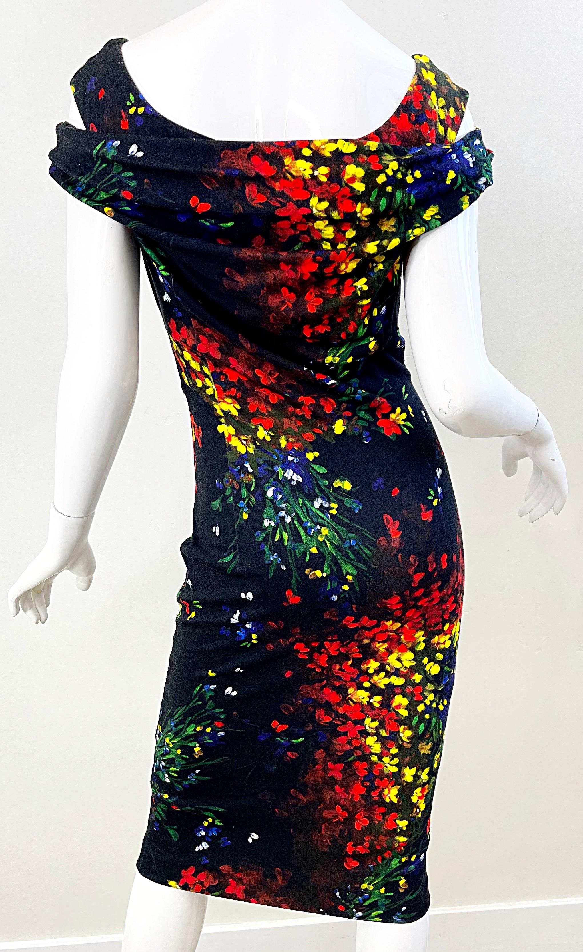 Women's Escada 2000s Size 38 / 8 Black Colorful Flower Watercolor Cold Shoulder Dress For Sale