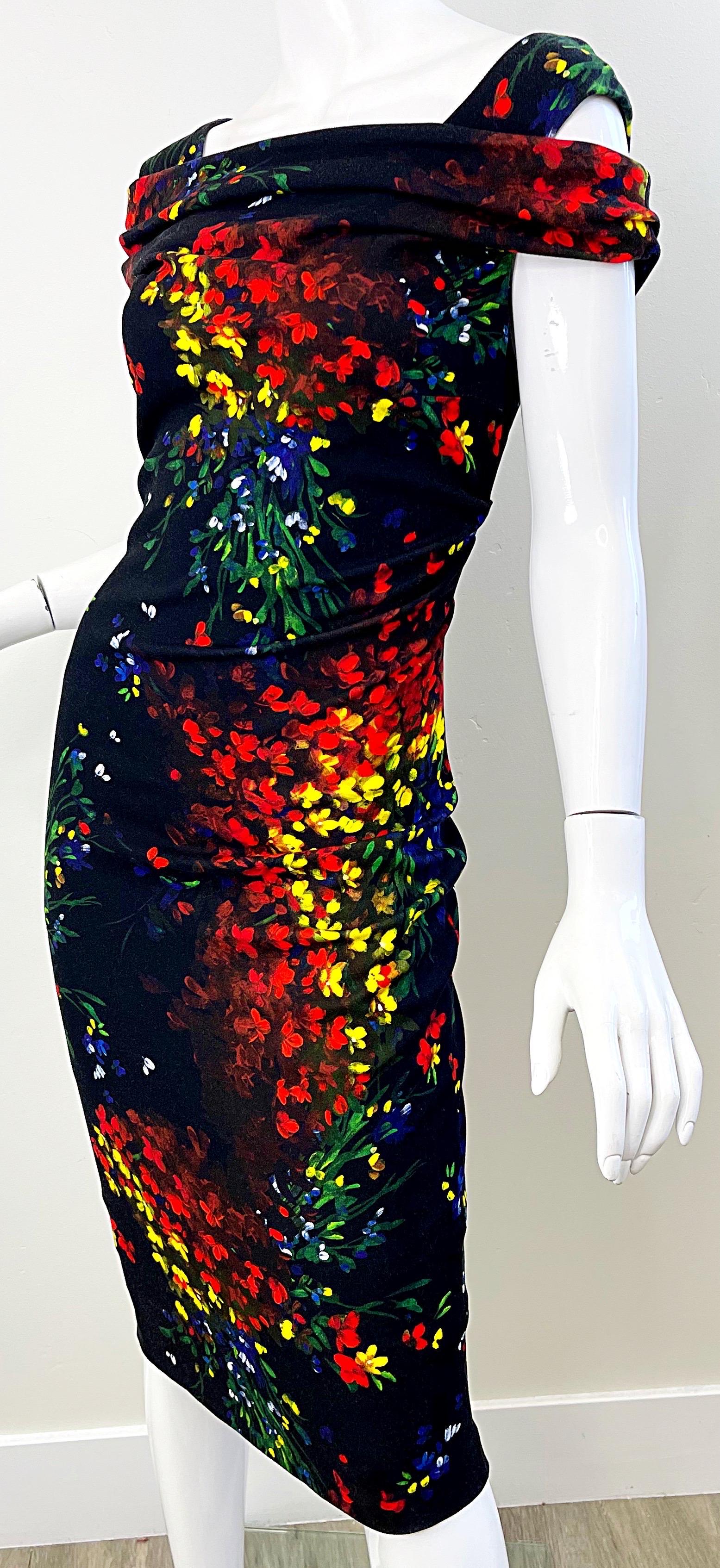 Escada 2000s Size 38 / 8 Black Colorful Flower Watercolor Cold Shoulder Dress For Sale 1