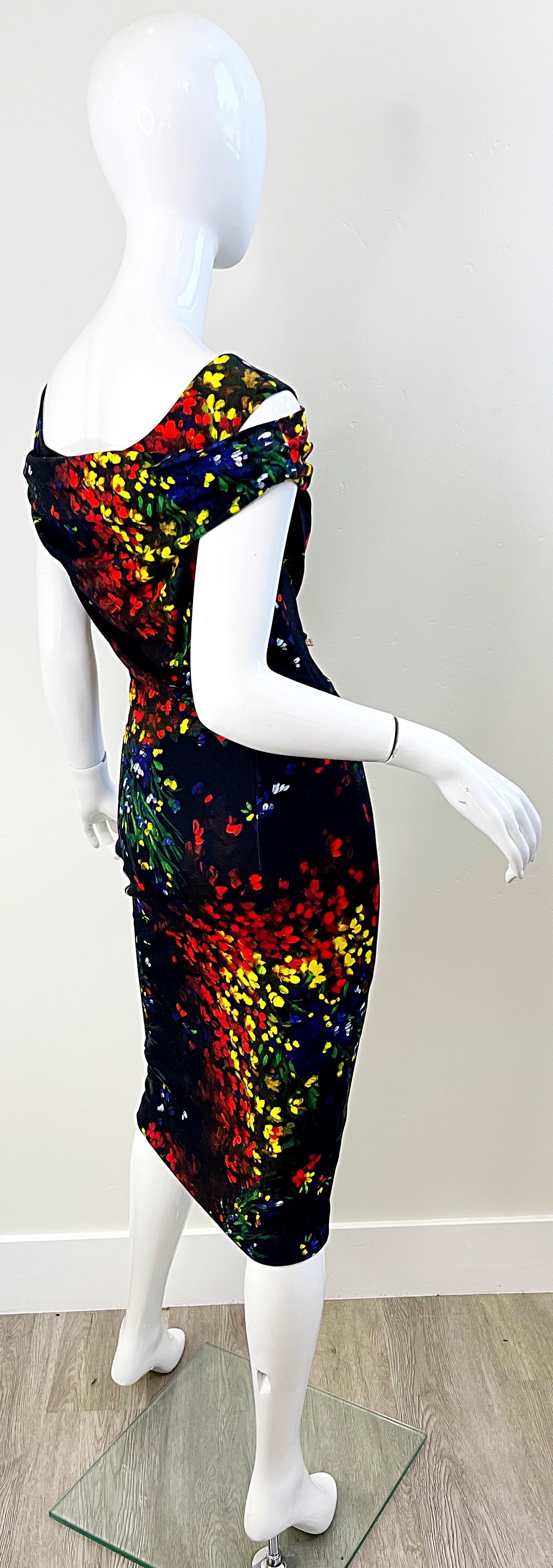 Escada 2000s Size 38 / 8 Black Colorful Flower Watercolor Cold Shoulder Dress For Sale 2