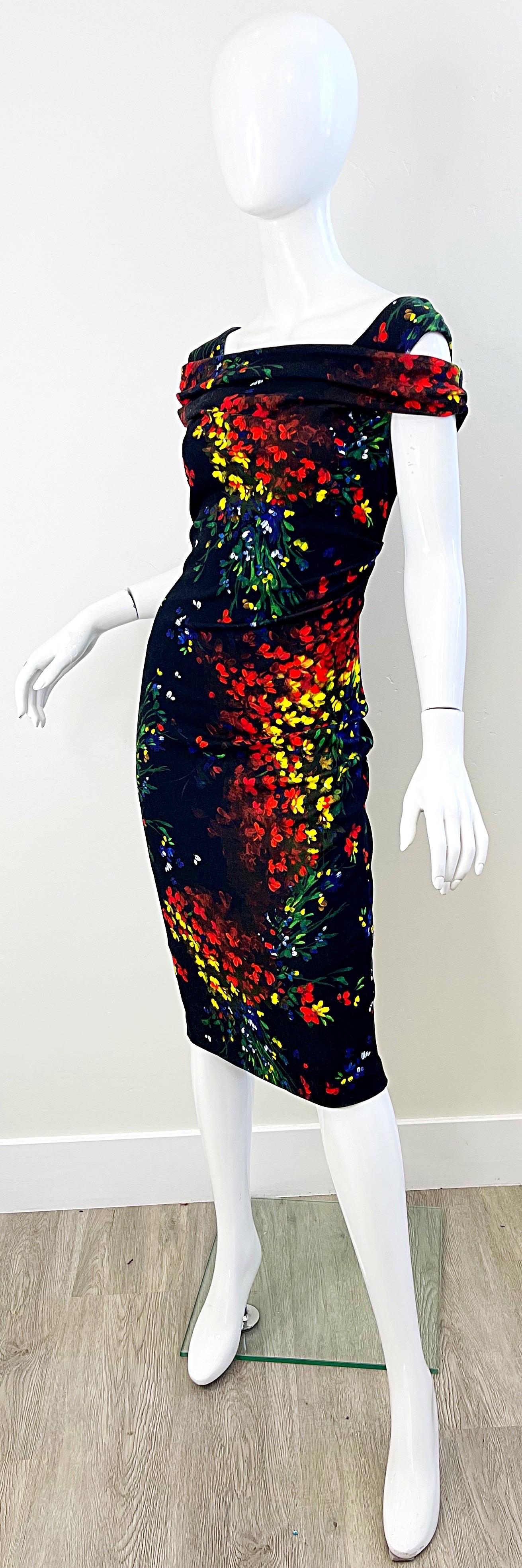 Escada 2000s Size 38 / 8 Black Colorful Flower Watercolor Cold Shoulder Dress For Sale 3