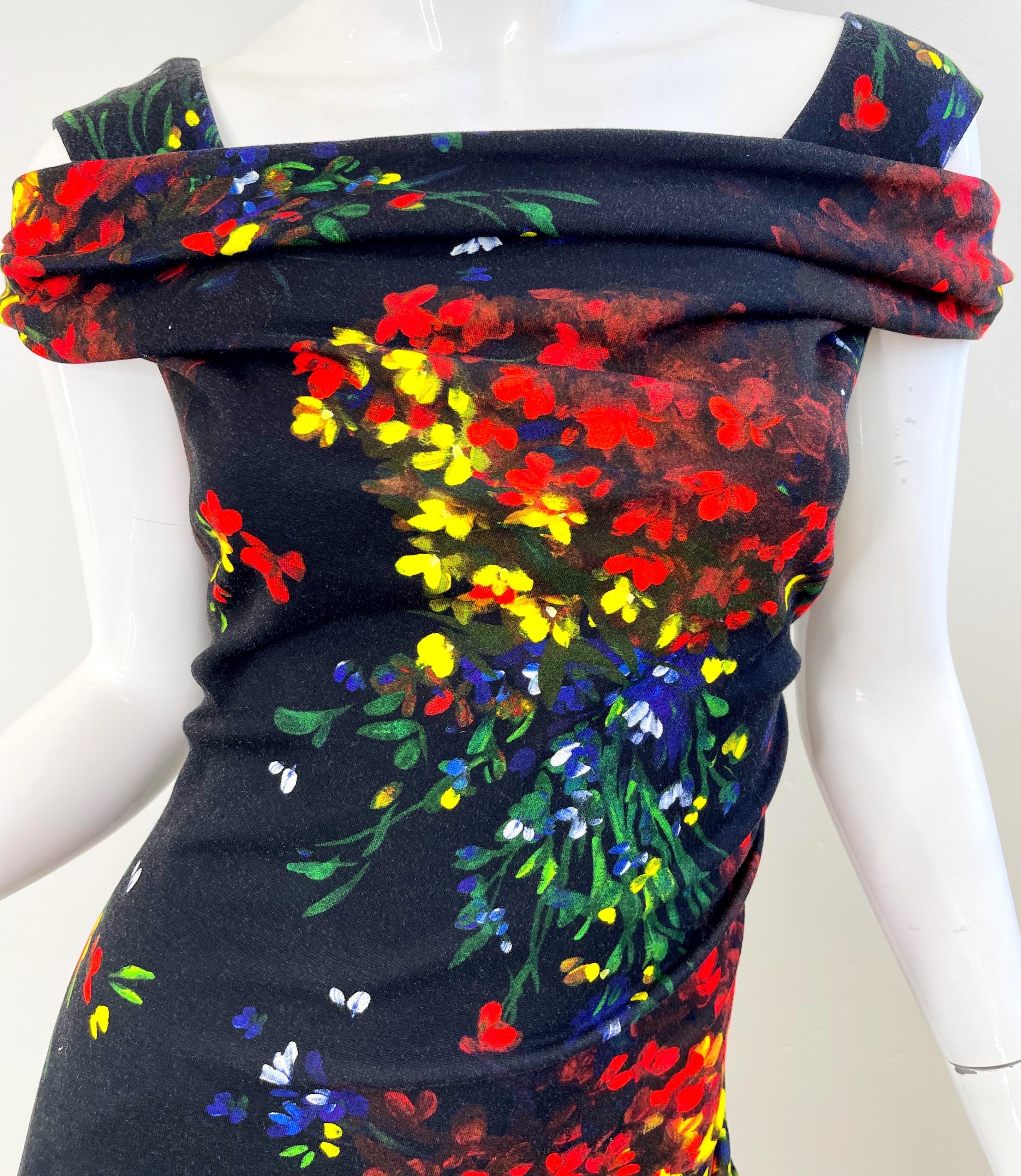 Escada 2000s Size 38 / 8 Black Colorful Flower Watercolor Cold Shoulder Dress For Sale 4