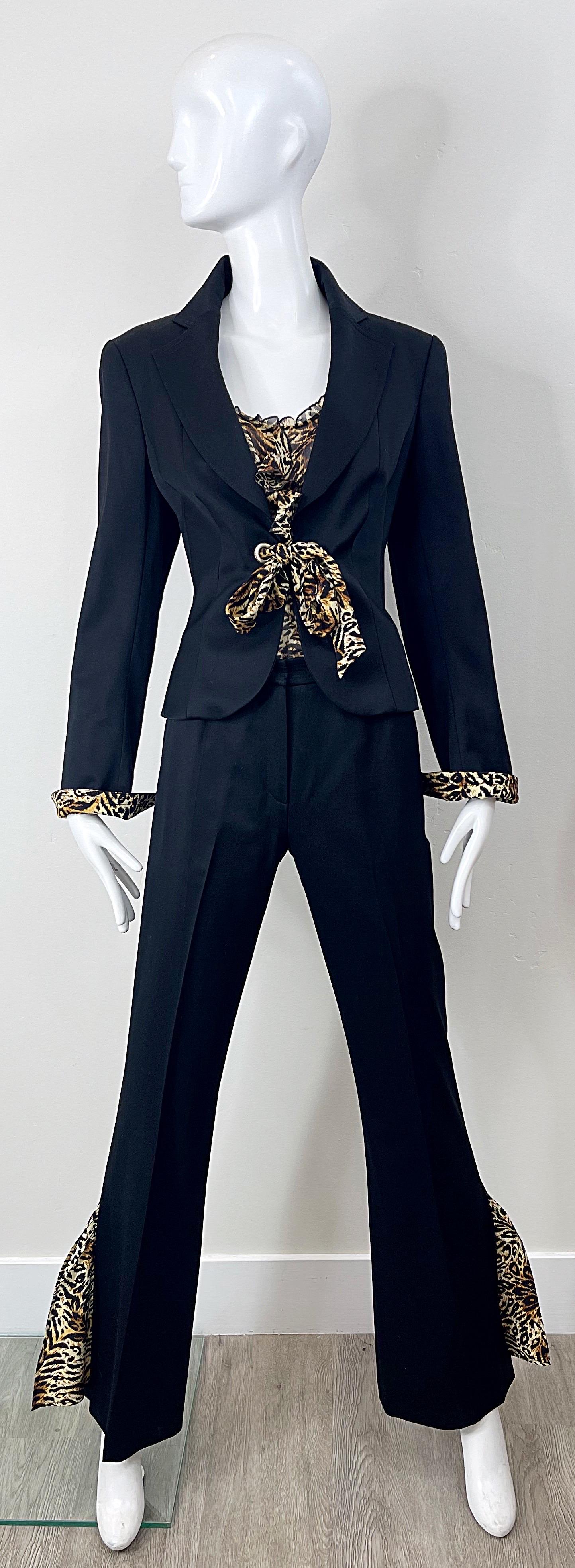 Escada 2000s Three Piece Size 38 Leopard Cheetah Print Pants Blouse Blazer Suit For Sale 6