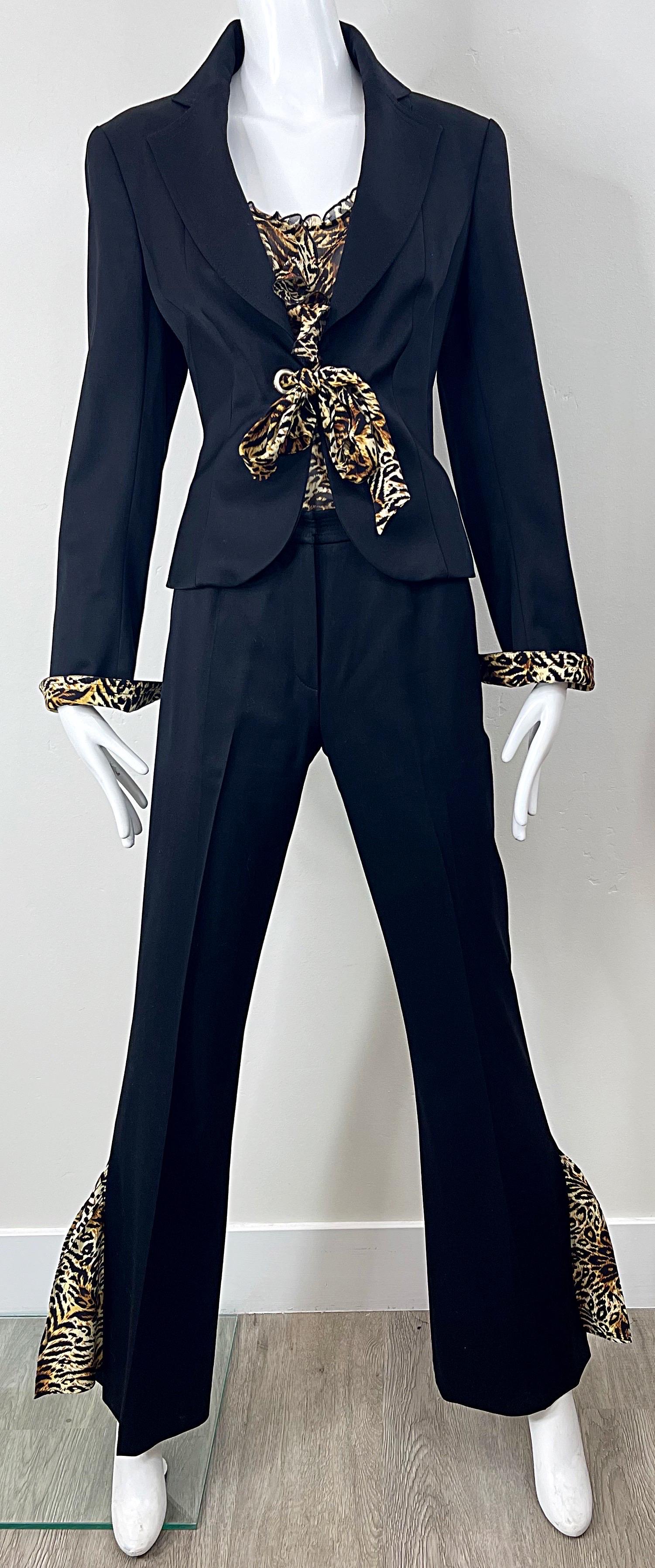 Escada 2000s Three Piece Size 38 Leopard Cheetah Print Pants Blouse Blazer Suit For Sale 1