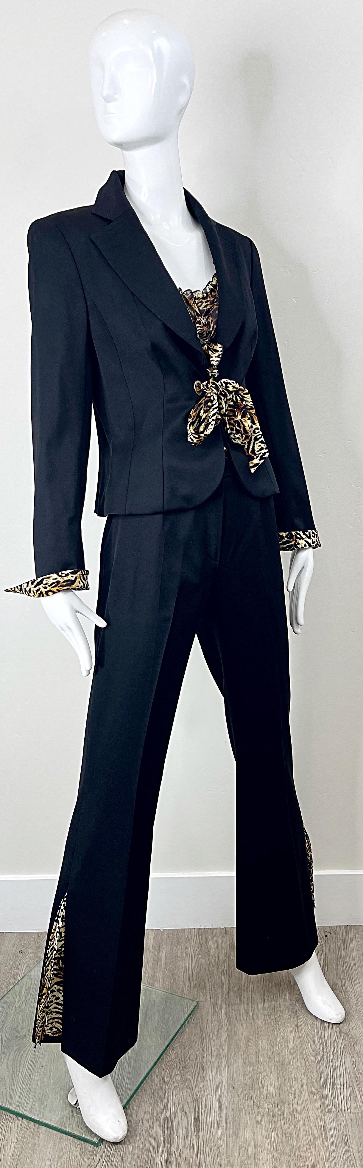 Escada 2000s Three Piece Size 38 Leopard Cheetah Print Pants Blouse Blazer Suit For Sale 3