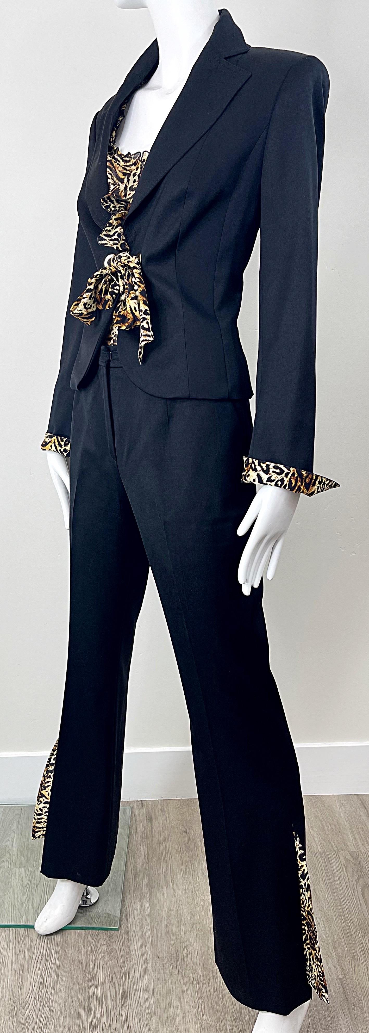 Escada 2000s Three Piece Size 38 Leopard Cheetah Print Pants Blouse Blazer Suit For Sale 4