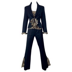 Escada 2000er Jahre Dreiteiliger Größe 38 Leopard Cheetah Druck Hose Bluse Blazer Anzug