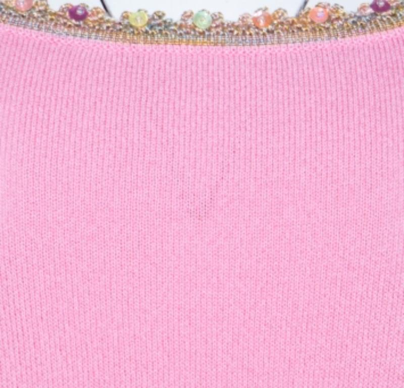 Women's Escada Baby Pink Stretch Knit Sequined Lace Trim Sleeveless Top M