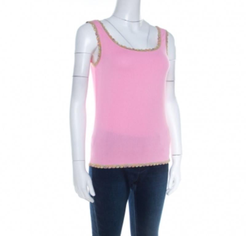 Escada Baby Pink Stretch Knit Sequined Lace Trim Sleeveless Top M 1