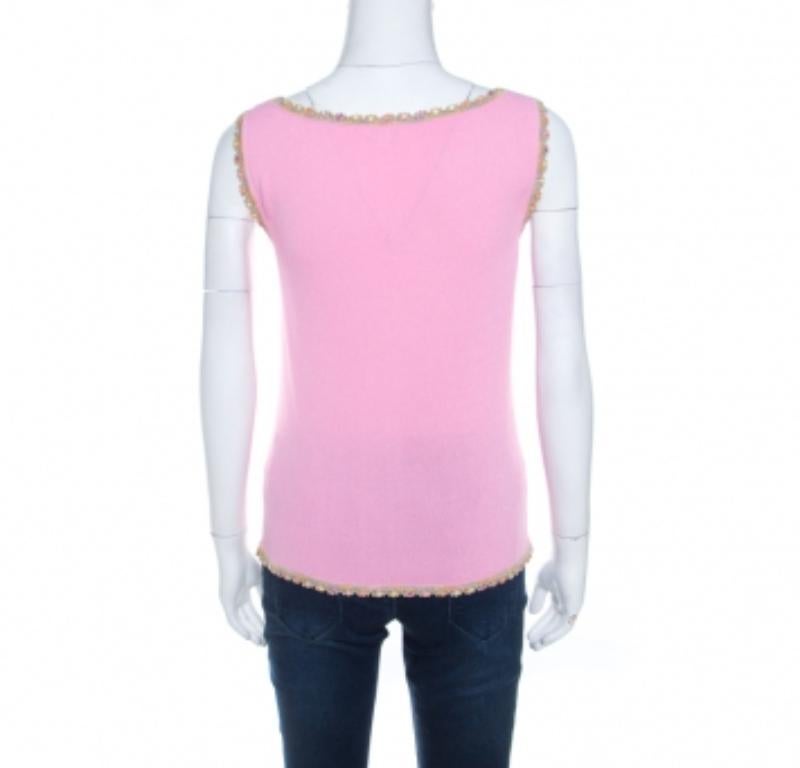 Escada Baby Pink Stretch Knit Sequined Lace Trim Sleeveless Top M 2