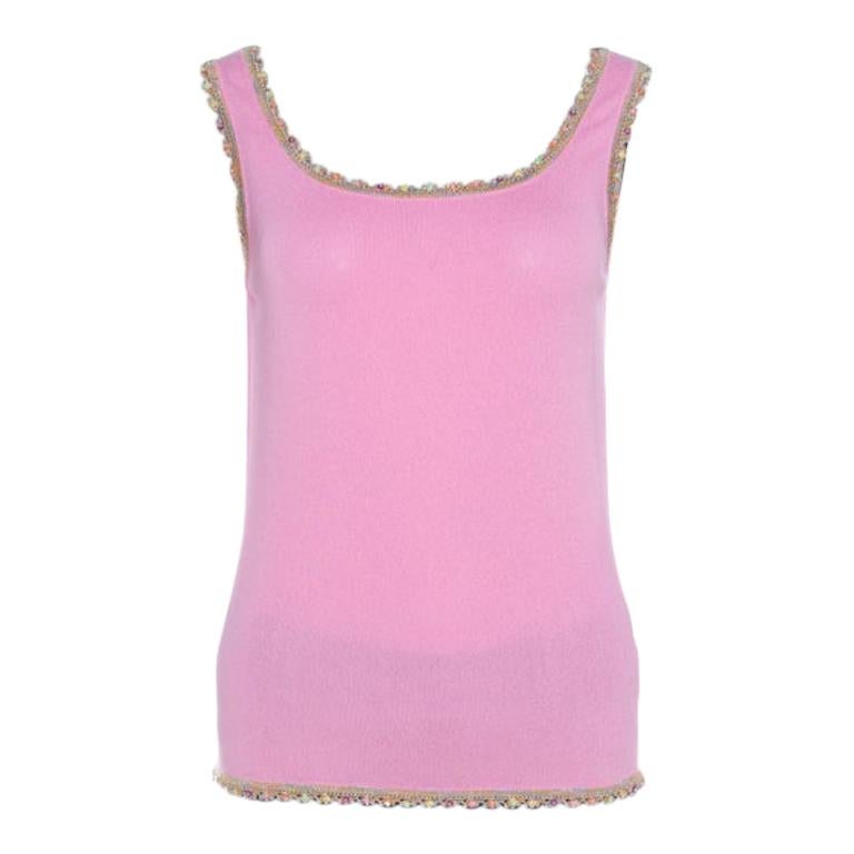 Escada Baby Pink Stretch Knit Sequined Lace Trim Sleeveless Top M
