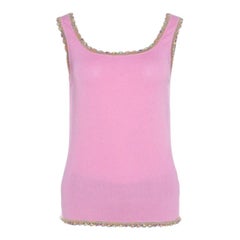 Escada - Haut sans manches rose pâle en tricot extensible avec bordure en dentelle pailletée, taille M
