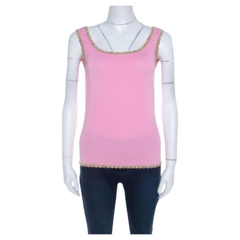 Escada Baby Pink Stretch Knit Sequined Lace Trim Sleeveless Top M
