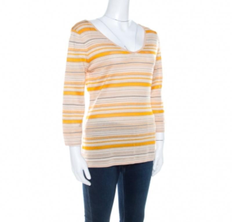 Donna Escada Top a maniche lunghe in maglia a righe beige e arancione L.L. in vendita