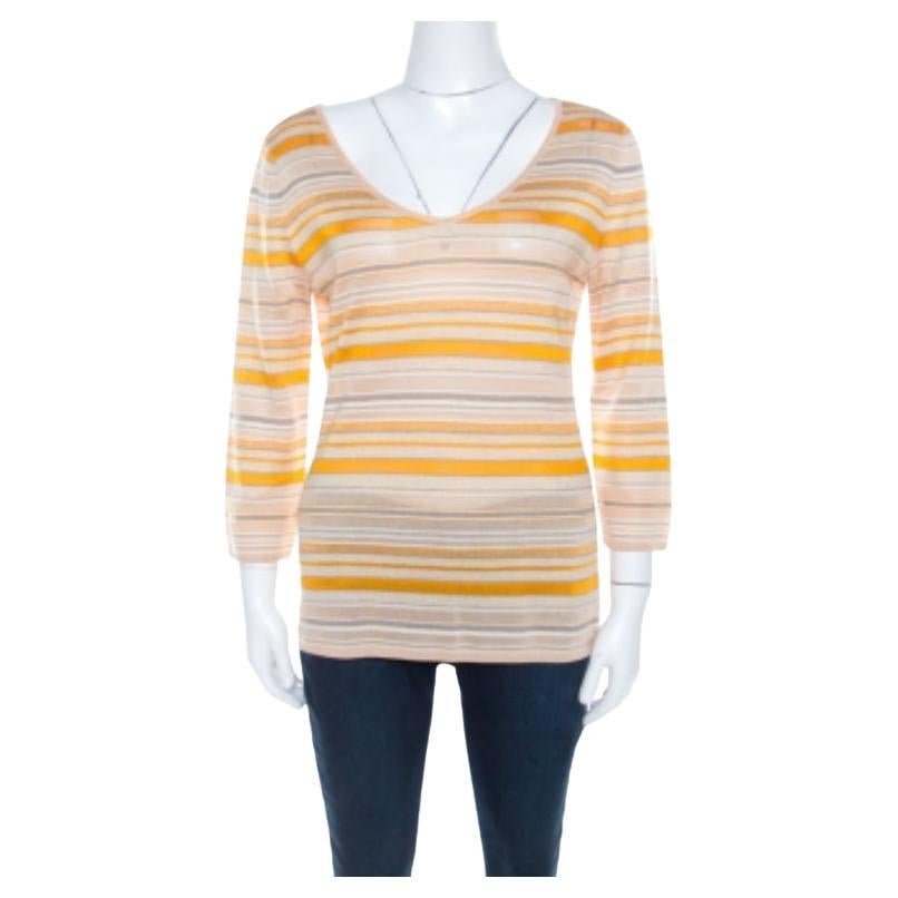 Escada Top a maniche lunghe in maglia a righe beige e arancione L.L. in vendita