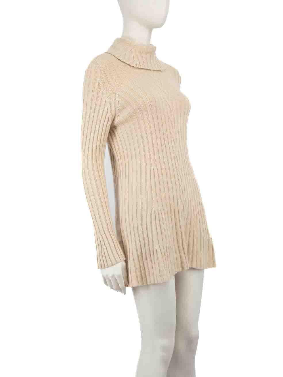 CONDITION is Very good. Hardly any visible wear to dress is evident on this used Escada designer resale item.
 
 
 
 Details
 
 
 Beige
 
 Silk
 
 Knit dress
 
 Turtleneck
 
 Long sleeves
 
 Mini
 
 Stretchy
 
 
 
 
 
 Made in Italy
 
 
 
