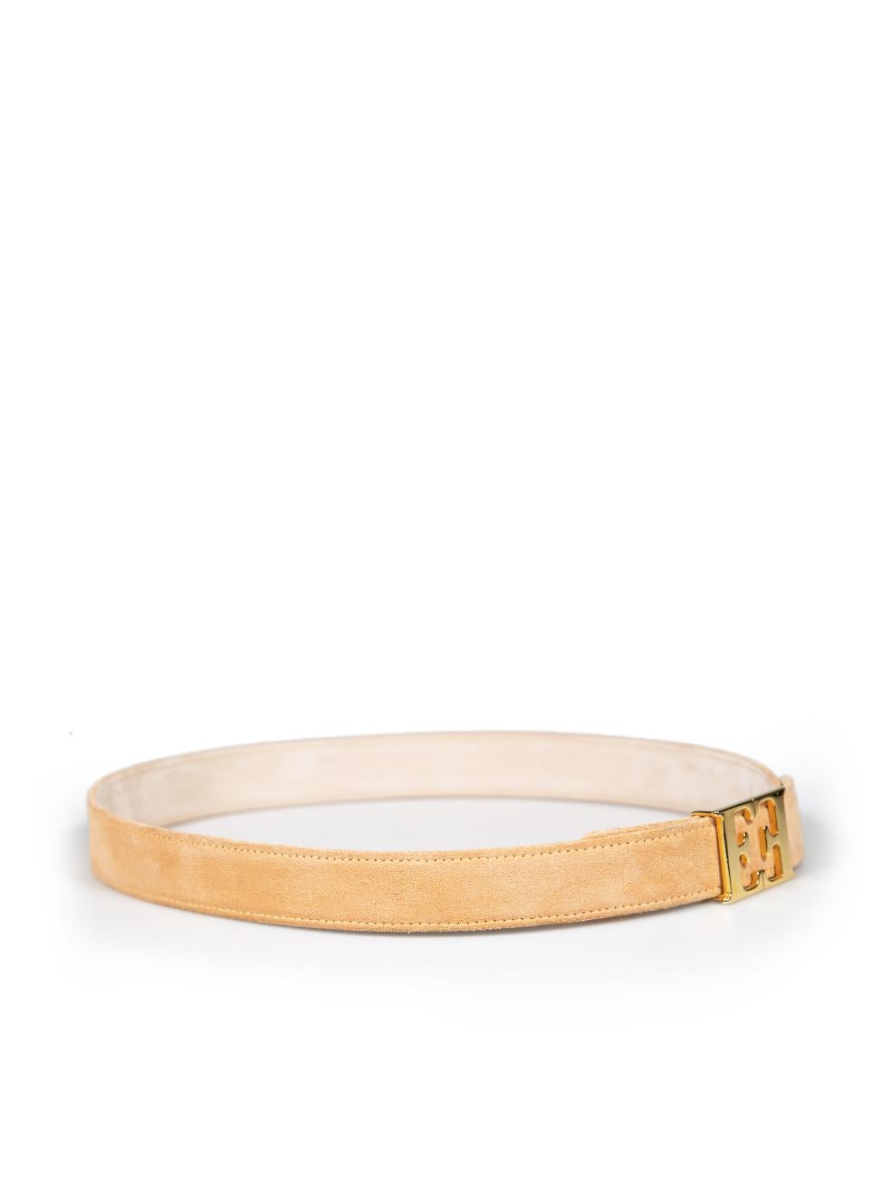 CONDITION is Very good. Minimal wear to belt is evident. Minimal scratches and discolouration on the suede and inner leather on this used Escada designer resale item.
 
 
 
 Details
 
 
 Beige
 
 Suede
 
 Belt
 
 Gold logo buckle
 
 
 
 
 
 Made in