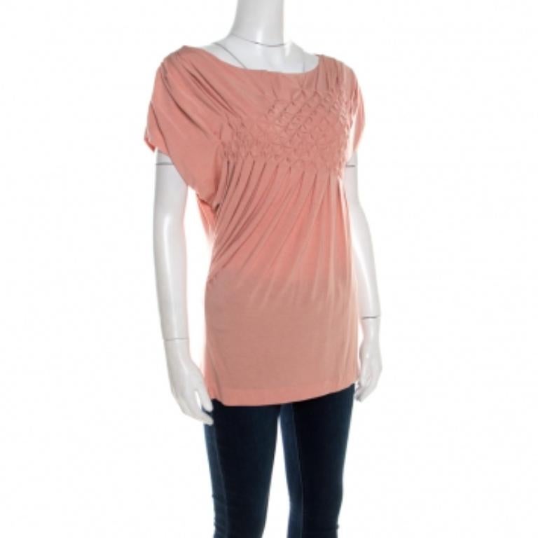 Donna Escada Bellini Pink Diamond Pattern Plissettato Jersey Maniche a Cappello Estrelle Top M. in vendita