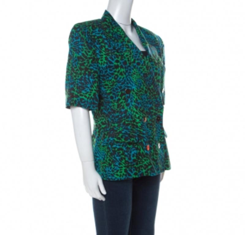 Escada Bicolor Leopard Print Cotton Short Sleeve Double Breasted Blazer L im Zustand „Gut“ im Angebot in Dubai, Al Qouz 2