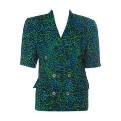 Escada Bicolor Leopard Print Cotton Short Sleeve Double Breasted Blazer L