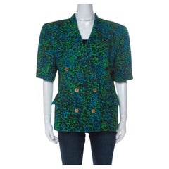 Escada Bicolor Leopard Print Cotton Short Sleeve Double Breasted Blazer L