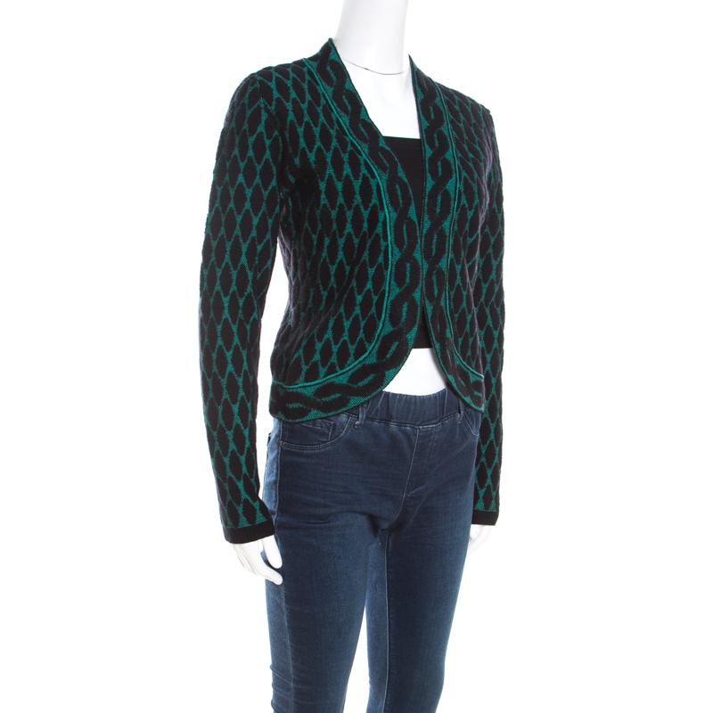 Escada Black and Green Jacquard Knit Open Front Sayakah Cardigan S In Excellent Condition In Dubai, Al Qouz 2