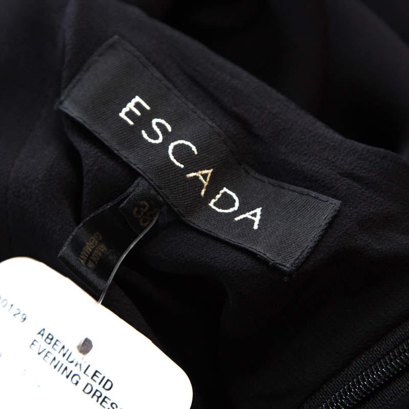 Women's Escada Black Crepe Silk Sequin Embellished Fringed Hem Evening Dress M For Sale