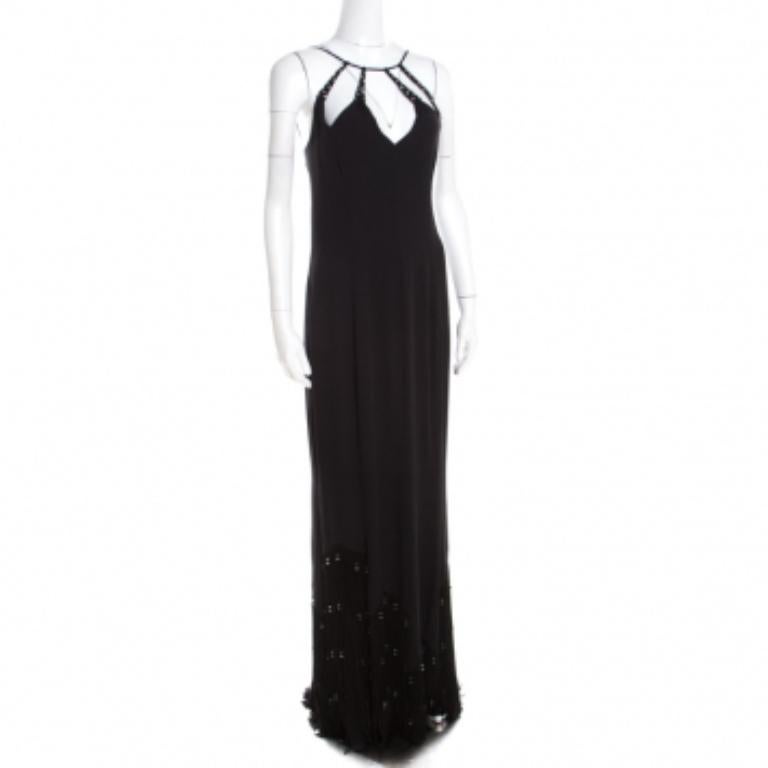 Donna Escada Vestito da sera con orlo sfrangiato in crepe di seta nera impreziosito da paillettes M. I. in vendita