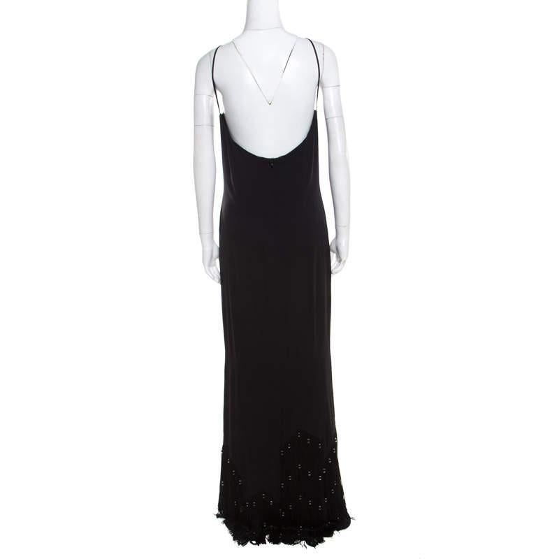 Escada Black Crepe Silk Sequin Embellished Fringed Hem Evening Dress M For Sale 1