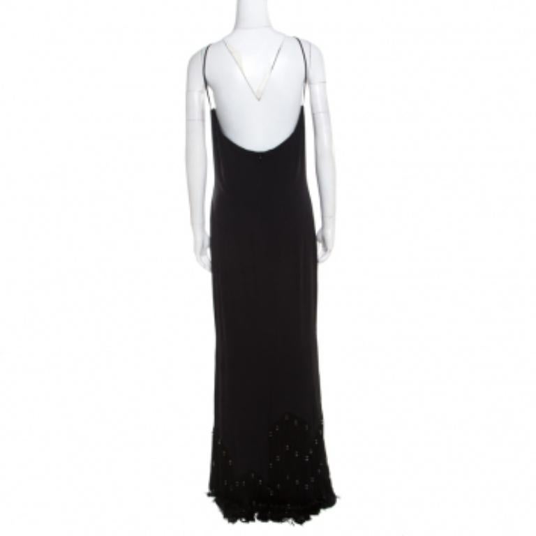 Escada Vestito da sera con orlo sfrangiato in crepe di seta nera impreziosito da paillettes M. I. in vendita 1