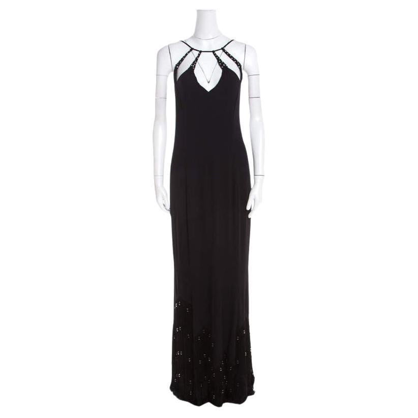 Escada Black Crepe Silk Sequin Embellished Fringed Hem Evening Dress M For Sale