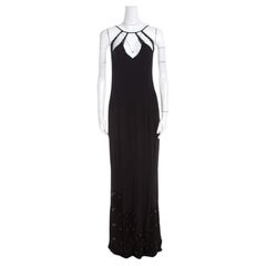 Escada Black Crepe Silk Sequin Embellished Fringed Hem Evening Dress M