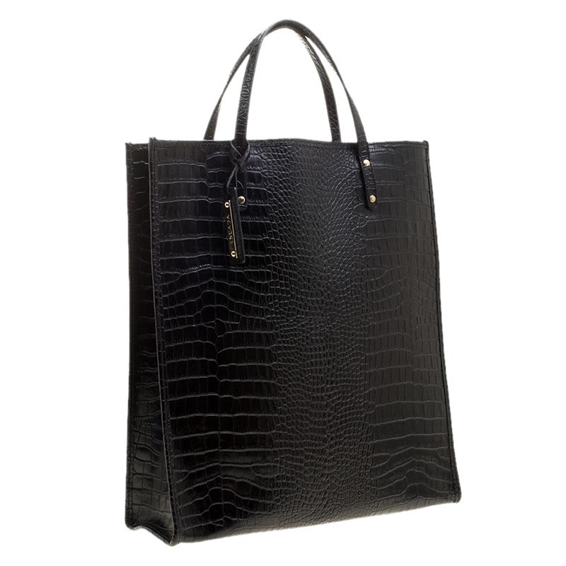 Escada Black Croc Embossed Leather Shopper Tote In Excellent Condition In Dubai, Al Qouz 2