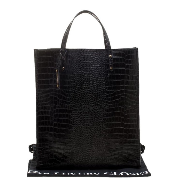 Escada Black Croc Embossed Leather Shopper Tote For Sale at 1stdibs
