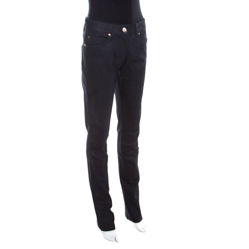 Escada Black Glitter Denim High Rise Straight Leg Jeans M In Excellent Condition In Dubai, Al Qouz 2