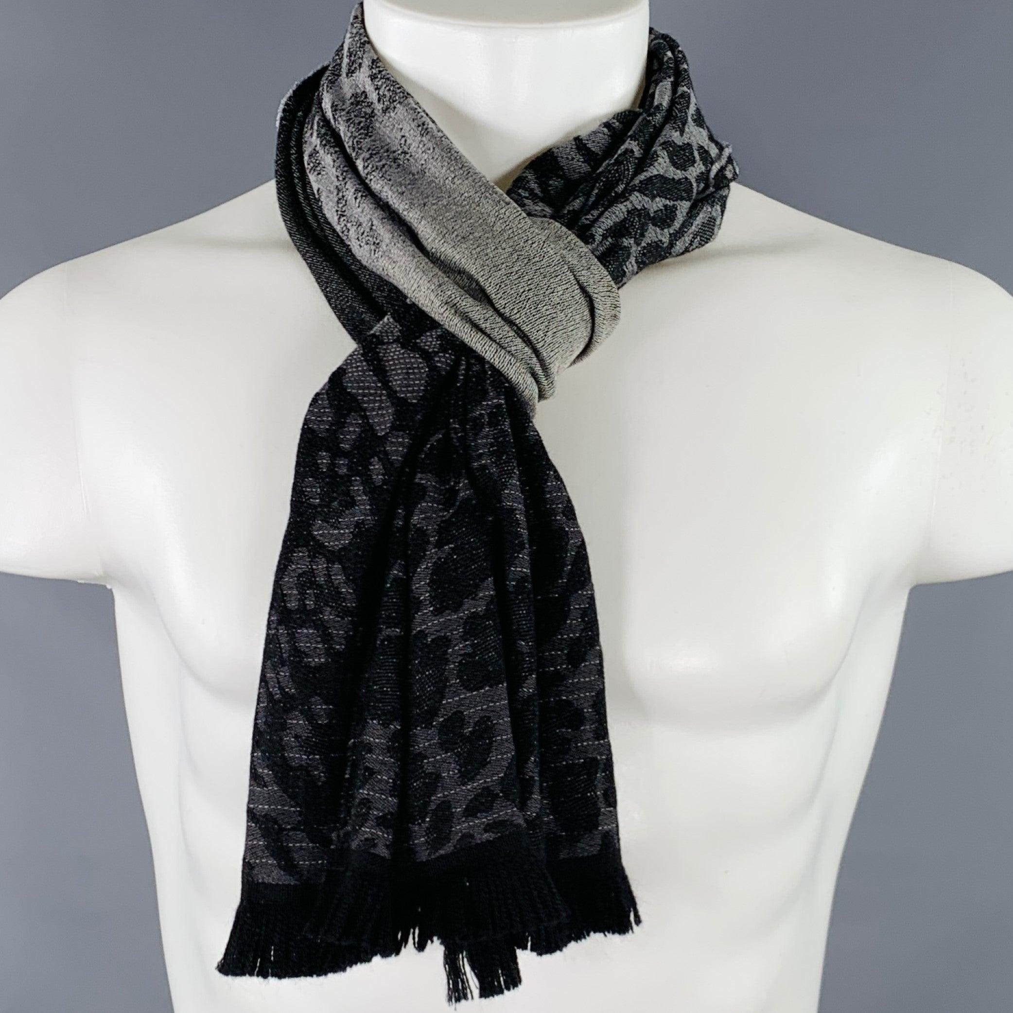 ESCADA Black Grey Animal Print Fringe Scarf For Sale 2