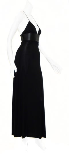 Escada Black Jersey Gown with Faux Leather Band Below Bust Line & At Back