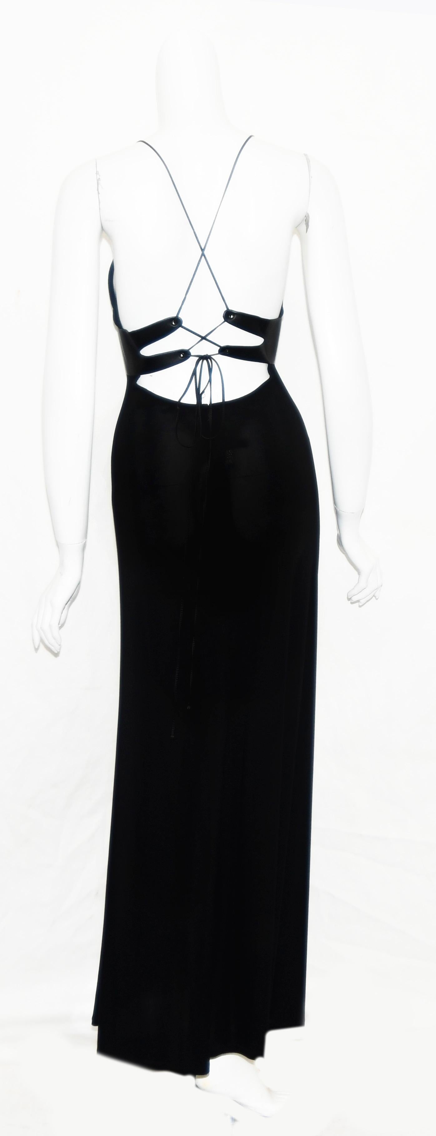 Escada Black Jersey Gown with Faux Leather Band Below Bust Line & At Back In Excellent Condition In Palm Beach, FL