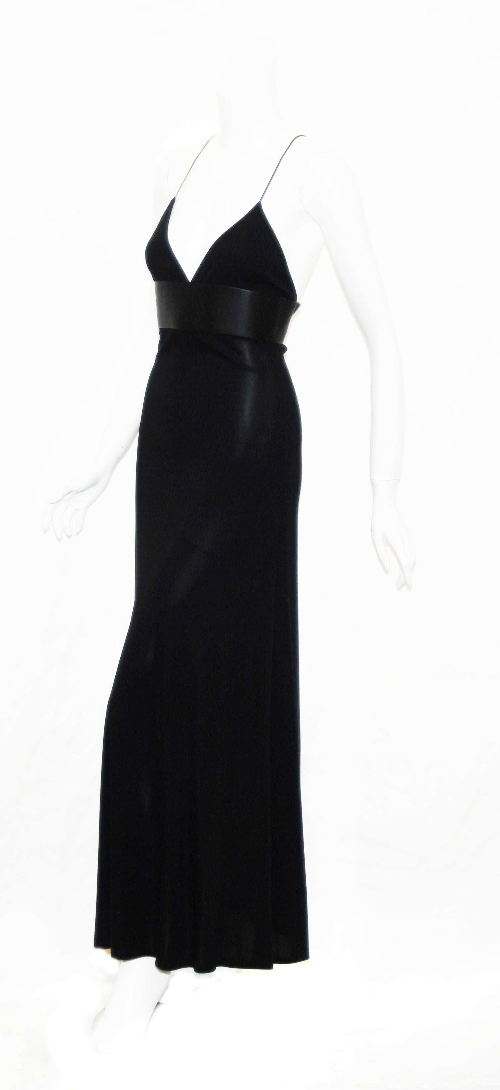 Women's Escada Black Jersey Gown with Faux Leather Band Below Bust Line & At Back